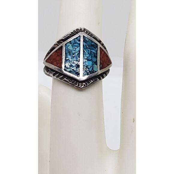 Vintage Native American Navajo Turquoise Coral Inlay Sterling Silver Ring 5.75 - Picture 3 of 7